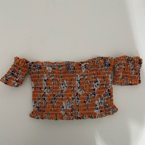 Boho Orange White Floral Smocked Off-Shoulder Floral Micro Crop Top Medium Y2K - Picture 2 of 4